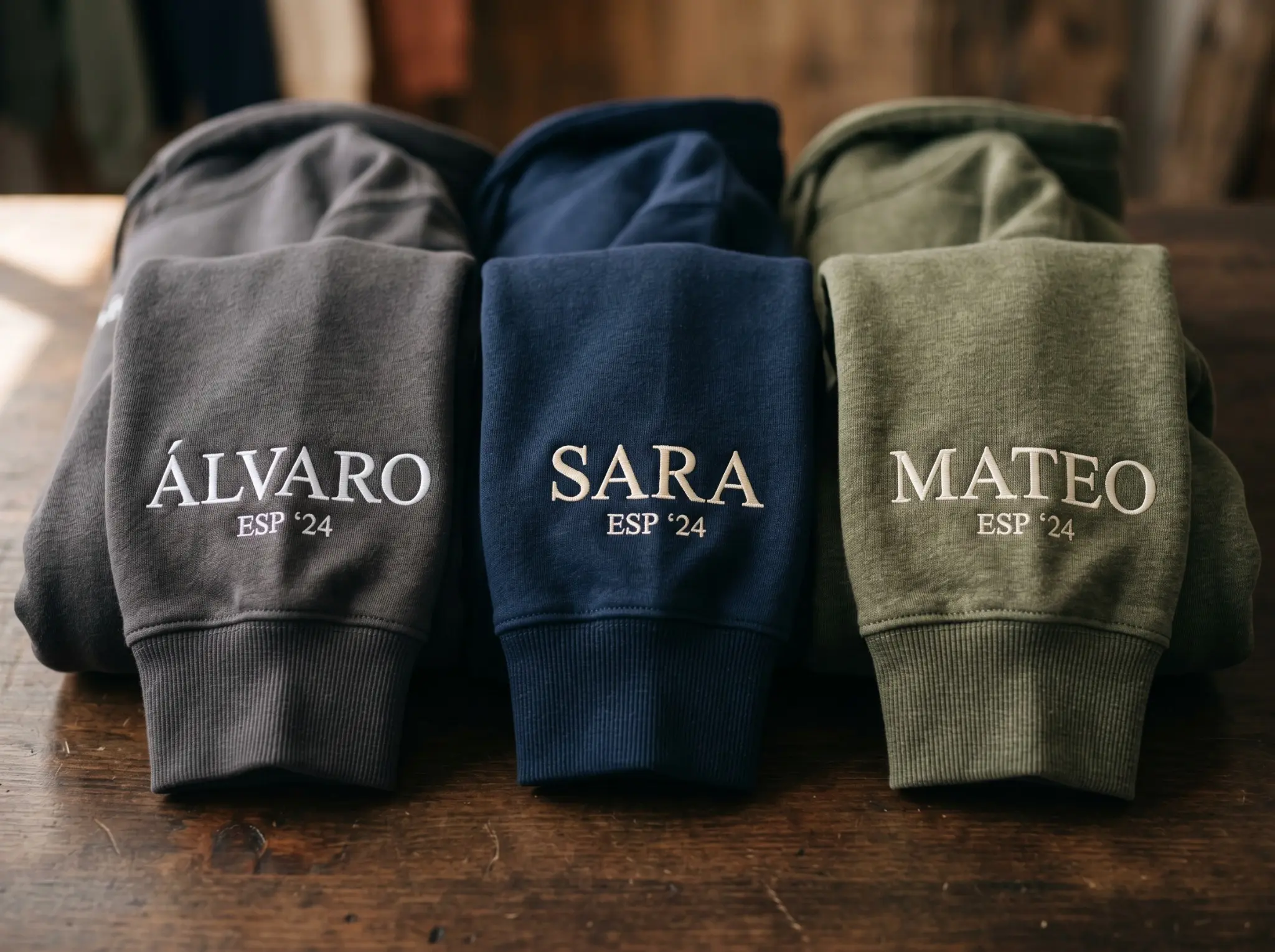 Nombres bordados sobre mangas de sudaderas personalizadas