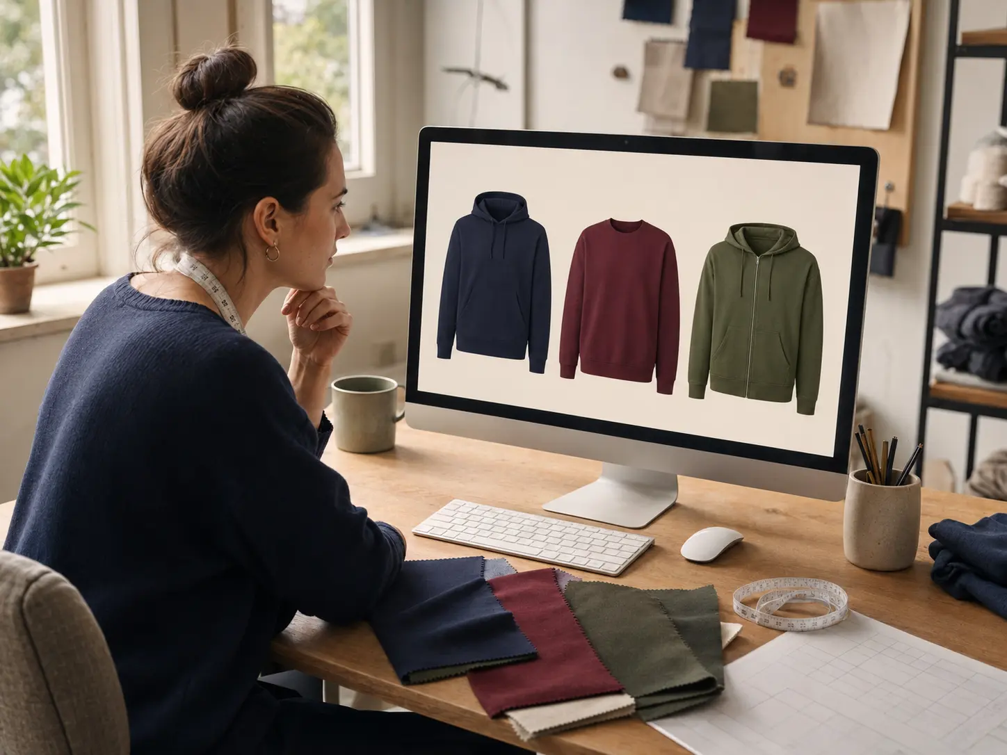 Diseñadora preparando propuestas de sudaderas personalizadas